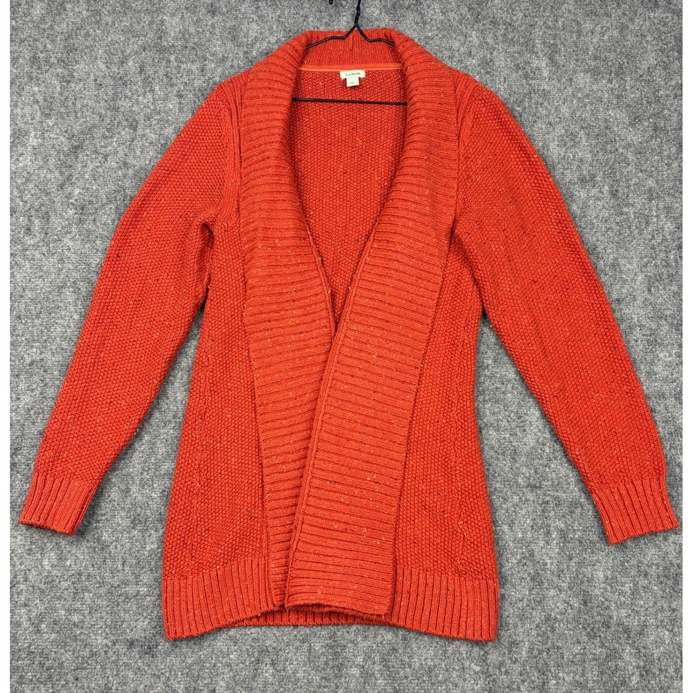 LL Bean Womens Medium Orange Shawl Collar Open Front Marl Knit Cardigan Sweater